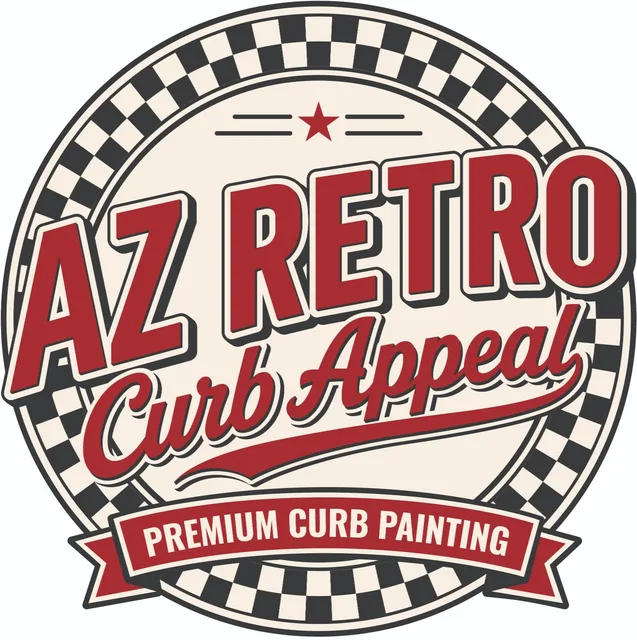 AZ Retro Curb Appeal badge logo: checkered ring, AZ Retro Curb Appeal script, Premium Curb Painting ribbon