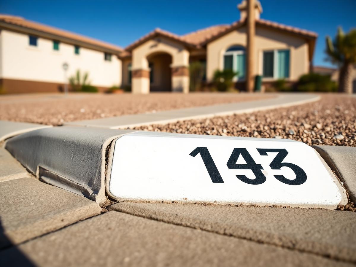 Freshly painted white reflective curb with bold black house numbers after service