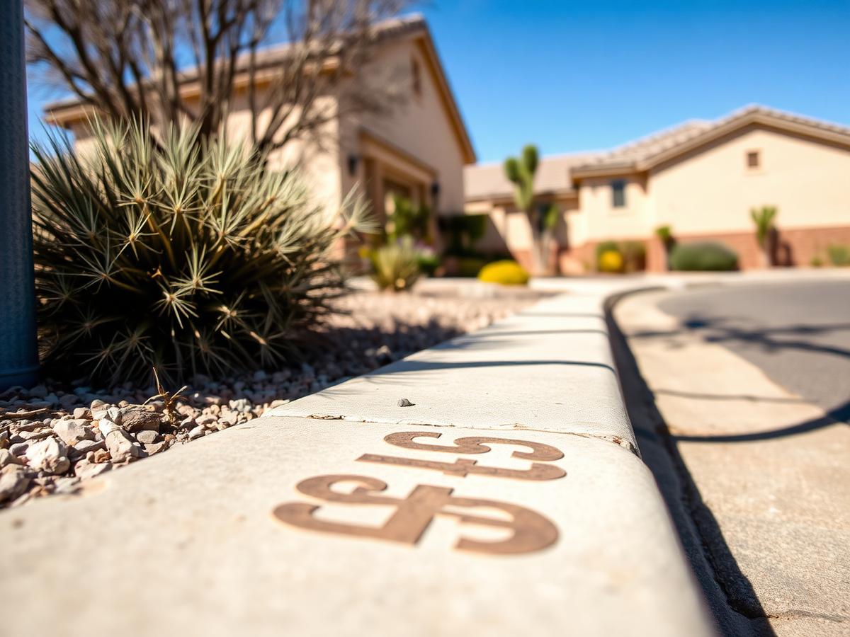 Faded, barely readable house numbers on a Maricopa street curb before painting